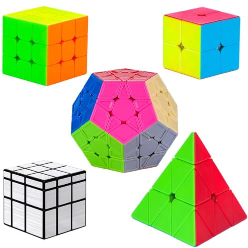 Coolzon Zauberwürfel Speedcube Set, Pyraminx Pyramide Megaminx Würfel 2x2 3x3 Mirror Würfel, Magisches Puzzle Würfelspielzeug für Kinder Kinder Erwachsene, 5 Stück