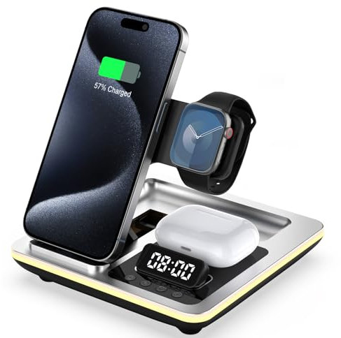 Aimtel 5 in 1 Foldable Charging Station Compatible with Apple Watch Ultra 3/Ultra 2/Watch SE 3,for iPhone 17/17 Pro/17 Pro Max,Air-Pods Pro 4/3/2 with Alarm Clock and Nightlight Apple Wireless Charger
