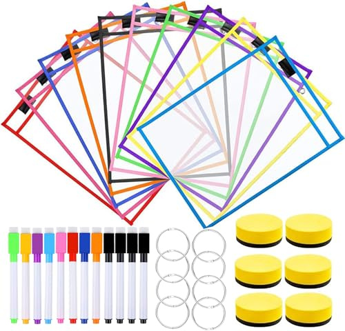 Dry Erase Taschen, 10 Stück Wiederverwendbare Trocken Abwischbare Taschen Abwischbare Durchsichtige Tasche mit 12 Löschbare Stifte, 6 Radiergummi und 8 Metallösen für Büro und Schule Home
