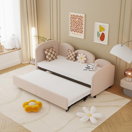 Gegtuon Polsterbett Bett 90x200 für Kinder, Kinderbett Einzelbett Schlafsofa Sofabett mit Ausziehbares Bett, Jugendbett Tagesbett Funktionsbett Bettgestell mit Lattenrost, ohne Matratze, Samt, Rosa
