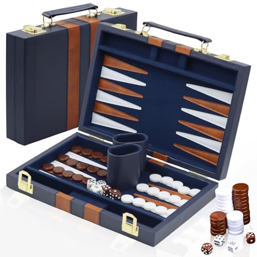 YUJUVI Jeu de Backgammon en Bois avec Étui en Cuir de Qualité Supérieure et Kit de Backgammon de Voyage Portable (Bleu) - Pour 2 Joueurs à partir de 8 ans