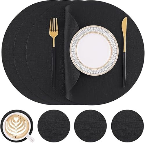 Homaxy Tischsets Abwaschbar, Rund Ø 33cm Doppelseitig Abwischbar Wasserdicht rutschfest Platzset, Kunstleder Hitzebeständige Platzdeckchen mit Untersetzer (4er Set, Schwarz)