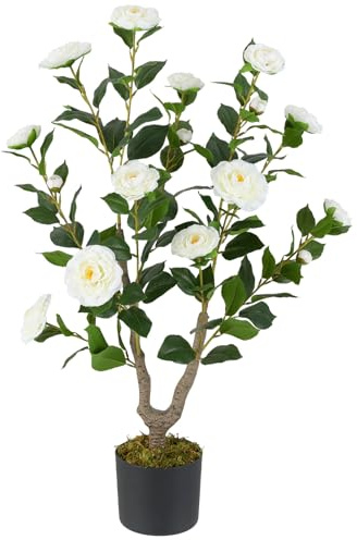 RELAX4LIFE Camélia Artificiel 90 CM avec116 Feuilles et 16 FleursCamélia Pot de Pépinière avec Vrais Galets, Décoration Extérieure ou Intérieure pour Maison, Balcon, Jardin
