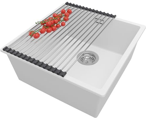 PRIMAGRAN Lavello da Cucina Bianco 46x47cm, Lavandino da Cucina a 1 vasca + Sifone Classico + Scolapasta avvolgibile, Lavabo da Cucina Incasso al mobile 50cm - London Slim