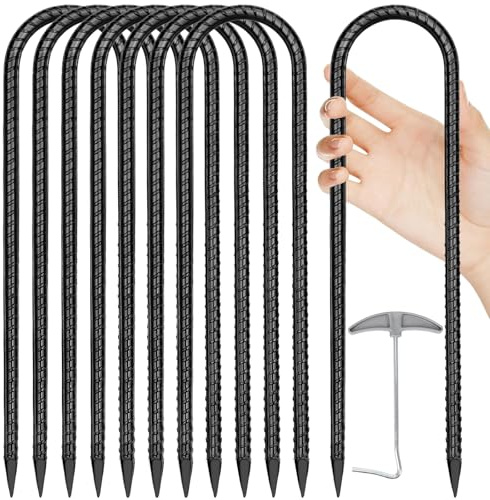 Aierden 4PCS/8PCS Trampoline Stakes Anchors High Wind 12'' Ground Anchor U Rebar Tent Stakes Heavy Duty, Trampoline Accessories with T Hook for Soccer Goals, Camping Tents, and Swing Set