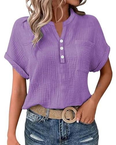 uxxnjfg Magliette Donna Manica Corta Eleganti Taglie Forti T-Shirt Scollo a V Estiva Blusa Cotone Lino Stampa Classico Abbigliamento Donna Curvy Maglia Firmate Sportive Top(Viola,L)
