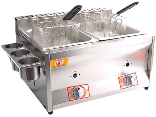 Friggitrice professionale da banco a gas GPL Friggitrice a doppia vasca con cestello e coperchio Controllo preciso della temperatura Ideale per ristoranti/casa Grande capacità per patatine f