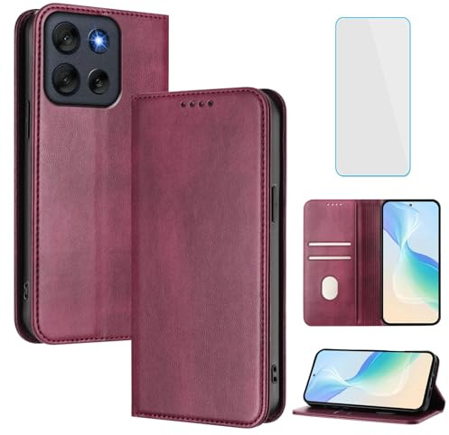 OUEAYIEN RFID Phone Case Wallet for Motorola Moto G56 5G Burgundy | with Screen Protector,Shockproof,Leather Flip Cover,Kickstand,Card,Vintage Mobile Case for Motorola G56 Moto G 56 5G