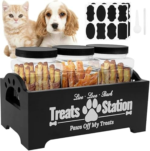 Dog Treat Container Set, Wood Pet Food Storage Container with 3 Airtight Plastic Jars, Stickers, Pen and Scoop, Farmhouse Decorative Dog Snack Organizer for Dogs Cats Small Animal (Black)