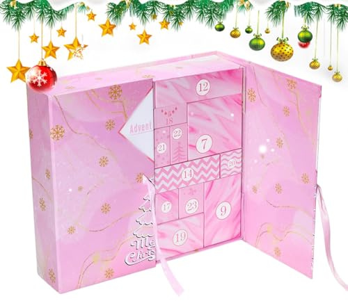 Weihnachts-Countdown mit 24 Fächern, 33 cm, nachfüllbar, für Süßigkeiten und Geschenke, rosa Papier, faltbares Rollo für Kinder, Teenager, Erwachsene, Geburtstag, Urlaub, DIY-Überraschungen, Party