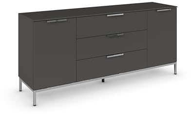 Rauch Möbel Flipp, Kommode, Farbe Graphit, Breite 160 cm | Sideboard, 2-türig, 3 Schubladen, Soft-Close, Griffe, Metallkufe Chrom, für Schlafzimmer, Gästezimmer, Wohnzimmer