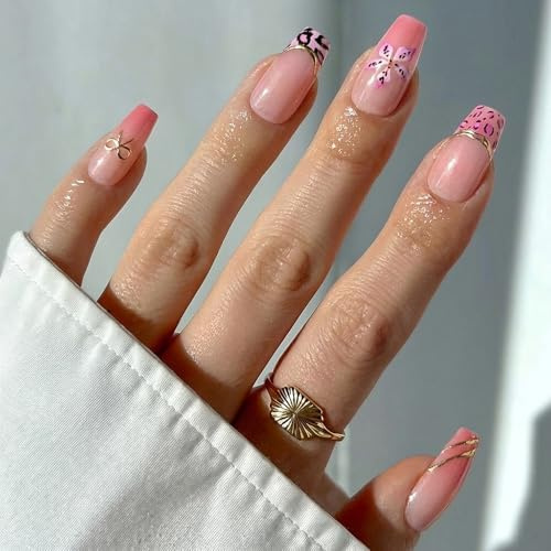 NXYCHIC Handmade Long Coffin Press on Nails – 24 Pcs Luxury Pink Ombre False Nails with Leopard Print & Floral Designs, Gilded Bow Charms Glue on Nails with Jelly Adhesive Tabs & Nail File
