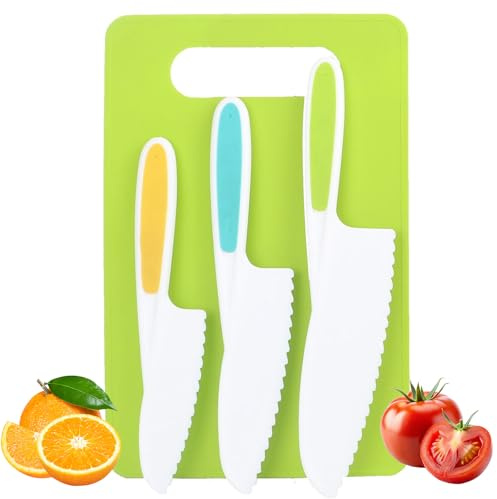 Toddler Knife Set for Chopping, 4PCS Kids Knife Set for Chopping with Cutting Board Plastic Child Friendly Knives Set for Chopping Lettuce Salads, Kids Montessori Kitchen Tools Cooking Utensils