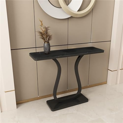 YOWLLXOF Console Meuble Moderne avec Plateau en Pierre Frittée, Cadre en Fer Forgé, Design en Forme de U, Console d'entrée de Luxe pour Hall et Salon(Black,47.2in)