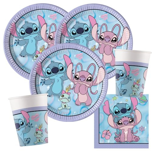 Procos Stitch & Angel - Juego de 36 platos de papel, vasos de papel, servilletas de cumpleaños infantiles