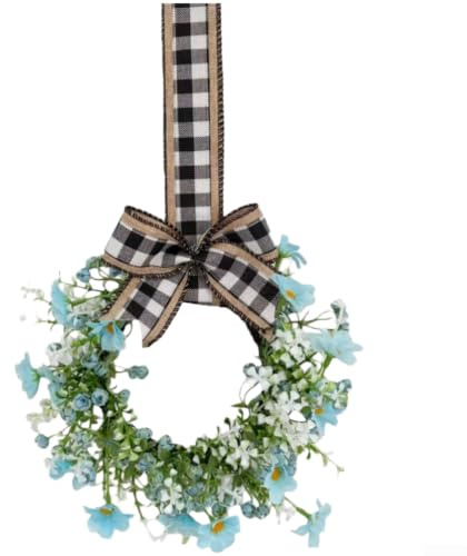 ZWEquipint Frühlingskranz, maschinell hergestellte Kunststoff-Blumengirlande mit Gänseblümchen und Schleifenmuster für Bauernhaus, Zuhause, Büro, Tür, Wanddekoration, 22,9 cm (blau)