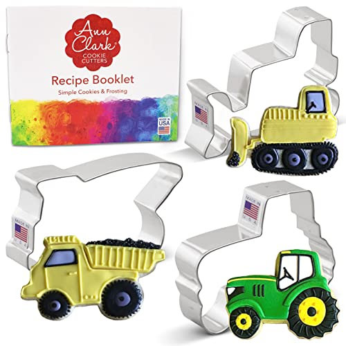 Ann Clark Cookie Cutters Ensemble de 3 emporte-pièces véhicules/machines avec livret de recettes, bulldozer, camion benne et tracteur