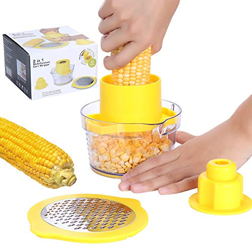 Beaverve Corn Stripper, 4 in 1 Corn Shucker Tool Corn Holder, Corn Stripping Tool Corn Cutter & Remover with Built-in Measuring Cup Grater, Corn Kernel Remover Ginger Grater, No Electricity No Noise