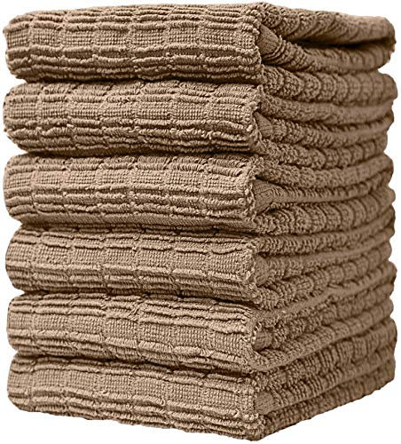 Bumble Towels 6er Pack große Geschirrhandtücher / 16” x 28” / 40 x 71 cm / 6 Handtücher gerippt und kariert/Baumwoll-Handtücher/Aufeinander abgestimmte Geschirrhandtuch-Sets/Edel und weich (Bräunen)