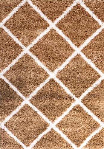 Hochflor Teppich Wohnzimmer Shaggy weich modern Rauten Muster Grau Anthrazit Creme Schwarz Rot Lila Beige, Farbe:Beige, Maße:200x280 cm