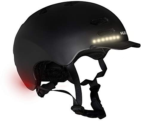 Hudora, casco da skater, per ragazzi e adulti, taglia M, con luce a LED, casco da bicicletta con luce lampeggiante per auto e adattamento della misura, nero, M (55-58 cm)