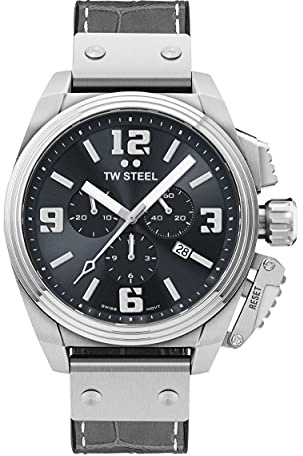 TW Steel New Canteen Mens 46mm Quarzuhr mit grauem Zifferblatt grauem Leder auf Kautschukband und Datumskalender TW1013