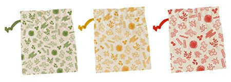 Pebbly 3ER-Set Bio-BAUMWOLLBEUTEL MIT Kordel, Größe M, Baumwolle, Natural mit bunten Motiven, de 3-20x25cm