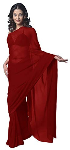 Damen Bollywood Chiffon Einfarbig Sari Festival Uniform Sari Wrap Stoff Ungenähte Bluse Stück Partykleidung, Dunkelrot, One Size