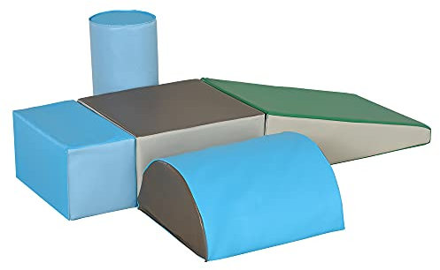 HOMCOM Set Costruzioni Morbide per Bimbi 1-3 Anni con 5 Blocchi Colorati, Set da Gioco Blocchi Morbidi per bambini in Finta Pelle e Schiuma, Marrone, Cachi, Blu, Verde e Celeste