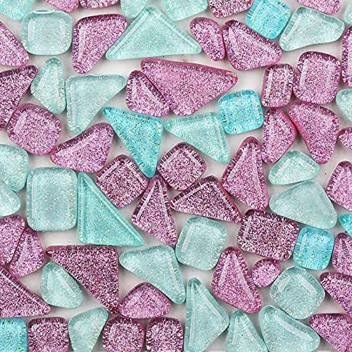 Bunte Glasmosaikfliesen 200g, Irregulär Glitzerkristall Mosaiksteine Glasstücke, Glasfliesen Glassteine für Basteln, Haus Deko(Hell)