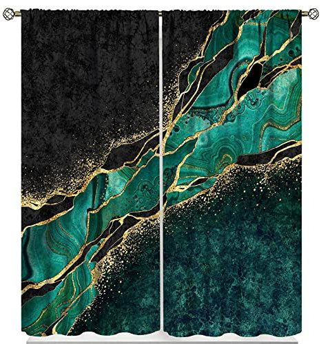 ESPROUTTY Rideaux occultants en marbre abstrait, malachite verte et veines dorées, rideaux de fenêtre de style japonais pour salon, salle à manger, 2 panneaux, 69,9 cm de large x 160 cm de long par