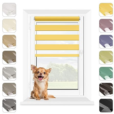 MARDOM Rollos für Fenster Ohne Bohren, Duo Rollo Tag und Nacht, Rollo Ohne Bohren, Doppelrollo Klemmfix Ohne Bohren, Fensterrollo Innen, Jalousien (Gelb, 85x215 cm (Stoffbreite: 81)