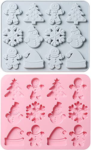 2 Stück Weihnachtskuchen Fondant Formen Schneeflocke Lebkuchenmänner Weihnachtsbaum Schneemann Kuchen Rand Fondant Formen Weihnachten Silikon Backkuchen Formen 3D-Schokoladenform DIY Backwerkzeuge