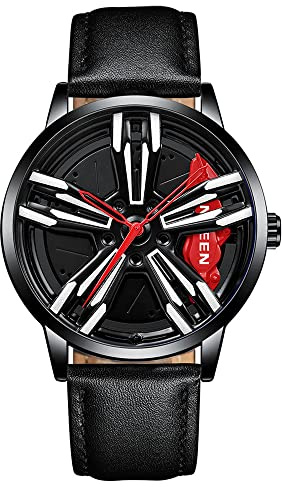 MIDYUID Herrenuhren Auto Felge Nabe Uhr Hohl Stereoskopische Rad Mode Sport Quarzuhr für Männer Geschenke Armbanduhren (Red-04)
