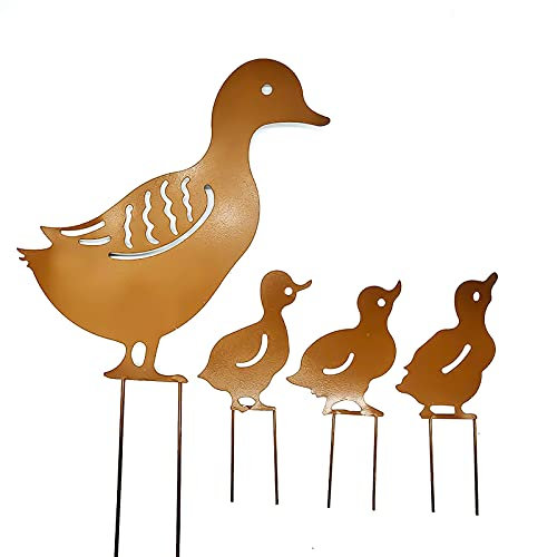FIYSON Gartendeko Metall, Gartenstecker Rost Ente, 4 Stück Garten Silhouette Metall Ente Deko Gartenstatuen,Figuren deko Metalltier Innenhof Art Deco Gartenfigur Osterdekoration Gartendeko (Braun)