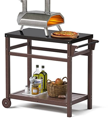 TORVA Outdoor Prep Grill Carts,2-Tier Camping Pizza Oven Rack with Nano-Coated Tabletop and HDPE Frame,Portable and Movable BBQ Table, Brown