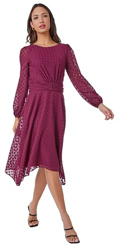 Roman Originals Floral Print Belted Midi Dress for Women UK - Ladies Everyday Holiday Autumn Winter Pull-On Round Neck Long Sleeves Comfy Soft Evening Vacation Party - Wine - Size 20
