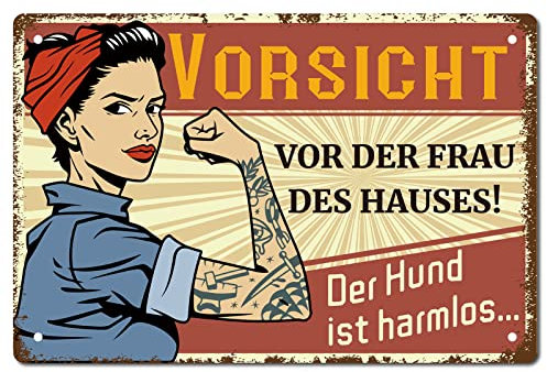 CREATCABIN Vorsicht Vor Der Frau Des Hauses Schild Vintage Blechschilder Lustiges Metallblechschild Wandkunst Gartenhaus Plaque Für Mann Frau Küche Café Wand Halloween Weihnachtsdekoration 12 x 8 Zoll