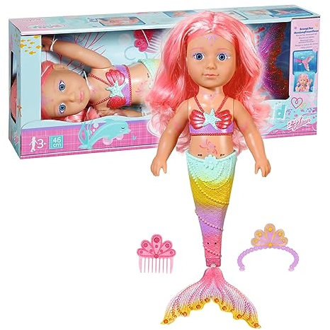 BABY born Zapf Creation 835357 Little Sister Meerjungfrau 46cm - Meerjungfrauen-Puppe Langen Haaren, schimmt durchs Wasser mit beweglicher Glitzer-Flosse, inkl. Diadem & Kamm.