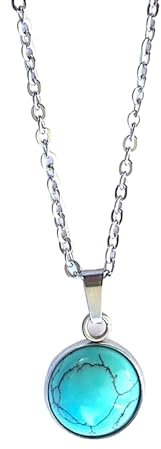 Naturstein-Halskette für Frauen - Versilberte Edelstahlkette und Heilstein-Anhänger - Schützender Charme - Ideal als Geschenk (Türkis)