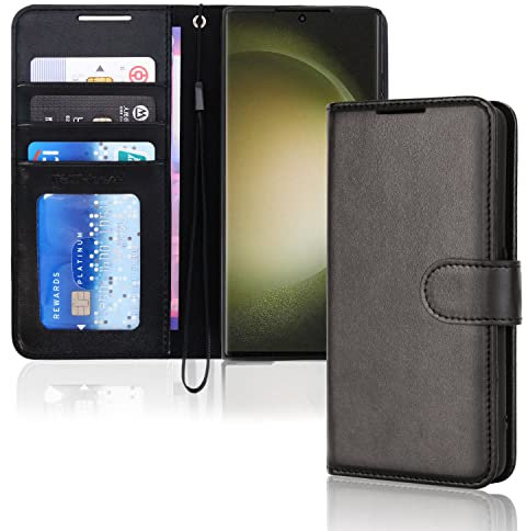 TECHGEAR Custodia in Pelle Galaxy S23 Ultra, Cover Libro Protettiva con Slot per Schede, Supporto e Cinturino da Polso - Pelle Sintetica per Samsung Galaxy S23 Ultra 5G Cover Portafoglio (Nero)