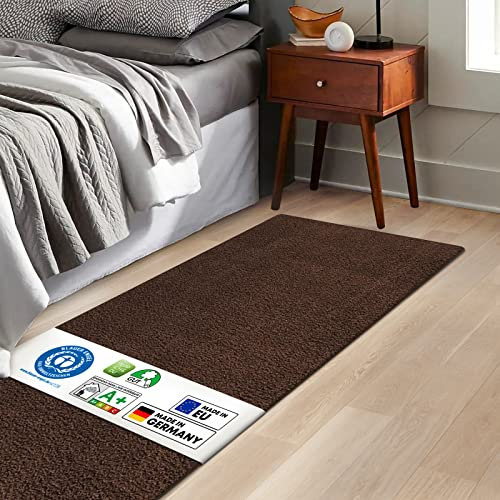 KARAT Bettvorleger Barcelona - Shaggy Bettumrandung - Teppich Läufer für Schlafzimmer Wohnzimmer - Flauschiger Teppichläufer (80 x 120 cm, Dunkelbraun)