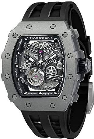 TSAR BOMBA Herren Uhr Automatik Tonneau Skelett Luxus Armbanduhr 50M Wasserdichter Analoge Mechanische Tauchen Quadratische Hohle Japanisches Uhrwerk Saphirspiegel Silikonband, SGLZ TSAR BOMBA 8208T