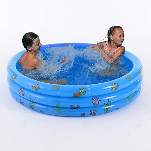 Inflatable Paddling Pool for Kids, 130x40cm Round Swimming Pool Inflatable Bath Tub 3-Ring Anti-slip Paddling Pool Inflatables with Bubble Floor for Children Home Travel (Blue)