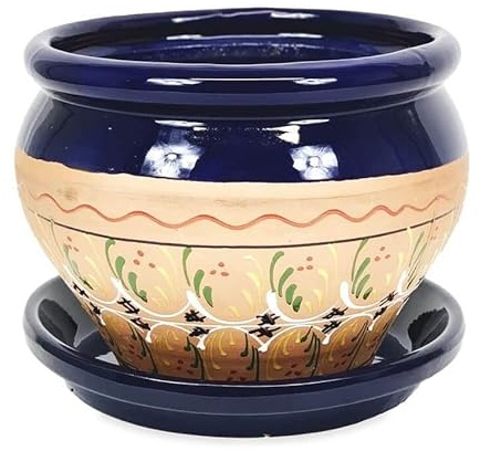 Verano Spanish Ceramics Outdoor Living Terracotta Inca Blue Bola Pot with Drainage Plate - Decorative New Home Garden Yard Patio Outside Décor Gift Gardening Herb Flower Plant Pot - 25cm x 21cm