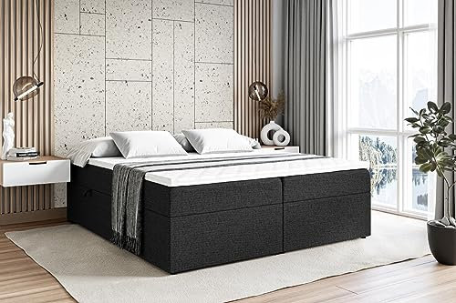 ALTDECOR Boxspringbett mit Matratze und Lattenrost, Boxbett, Topper, Polsterbett mit Bettkasten, Bett mit Stauraum H4-Matratze, Doppelbett, Springboxbett - Marce-BW - 140x200 - Schwarz Inari 100