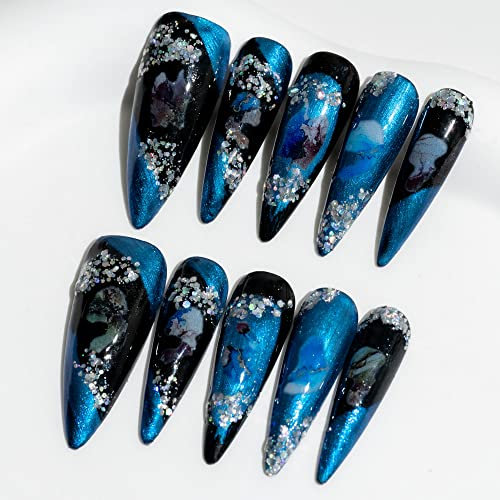 Sun&Beam Nails Handmade Long Almond Stiletto Black Blue False Nail Tips with Glitter Popular Charm Design Press On Nails 10 Pcs (#70 XS)