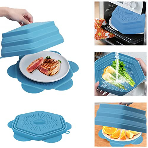 Tapa Microondas Plegable,Tapa Microondas Libre BPA,Canasta de Filtro para Frutas y Verduras con Orificio de Vapor,Tapa de Salpicaduras para Microondas con Ganchos,Cesta de Drenaje de Frutas Verduras
