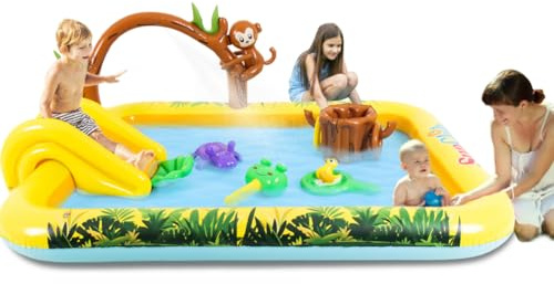 Centre de jeu gonflable, piscine gonflable avec toboggan, animaux de dessin animé avec piscine de base, singe, souche d'arbre pour jardin et cour