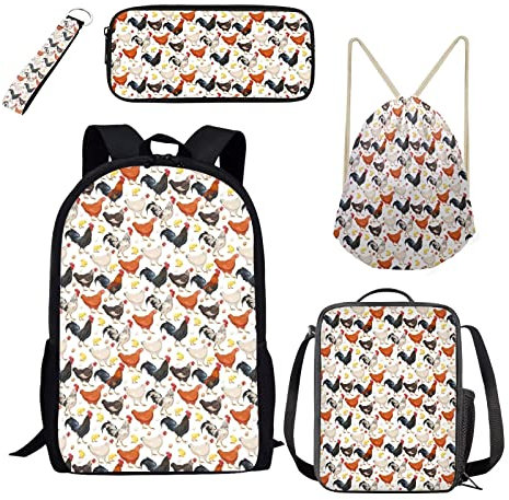Belidome 5-teiliges Rucksack-Set, Lunch-Tasche, Federmäppchen, Schlüsselanhänger, Kordelzug, Rucksack, Huhn, Einheitsgröße, Kinderrucksack